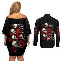The Good Girl In Me 3 Skulls Rose Vintage Couples Matching Off Shoulder Short Dress and Long Sleeve Button Shirt - Wonder Print Shop