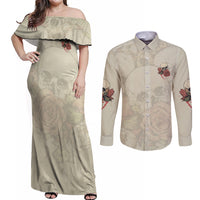 Stuck Between Idk Idc And Idgaf Skull Couples Matching Off Shoulder Maxi Dress and Long Sleeve Button Shirt - Wonder Print Shop