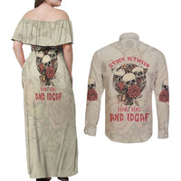 Stuck Between Idk Idc And Idgaf Skull Couples Matching Off Shoulder Maxi Dress and Long Sleeve Button Shirt - Wonder Print Shop
