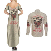 Stuck Between Idk Idc And Idgaf Skull Couples Matching Summer Maxi Dress and Long Sleeve Button Shirt - Wonder Print Shop
