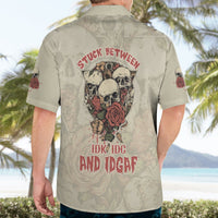 Light khaki short-sleeve Hawaiian shirt with large back skull-and-rose graphic.