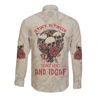 Stuck Between Idk Idc And Idgaf Skull Long Sleeve Button Shirt - Wonder Print Shop