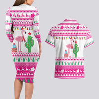 Pink Flamingo Christmas Couples Matching Long Sleeve Bodycon Dress and Hawaiian Shirt Xmas Holiday Patterns - Wonder Print Shop