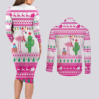 Pink Flamingo Christmas Couples Matching Long Sleeve Bodycon Dress and Long Sleeve Button Shirt Xmas Holiday Patterns - Wonder Print Shop