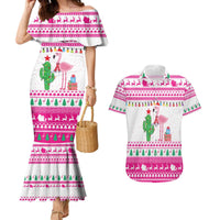 Pink Flamingo Christmas Couples Matching Mermaid Dress and Hawaiian Shirt Xmas Holiday Patterns - Wonder Print Shop