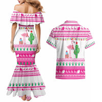 Pink Flamingo Christmas Couples Matching Mermaid Dress and Hawaiian Shirt Xmas Holiday Patterns - Wonder Print Shop