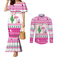 Pink Flamingo Christmas Couples Matching Mermaid Dress and Long Sleeve Button Shirt Xmas Holiday Patterns - Wonder Print Shop