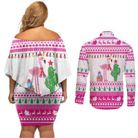 Pink Flamingo Christmas Couples Matching Off Shoulder Short Dress and Long Sleeve Button Shirt Xmas Holiday Patterns - Wonder Print Shop