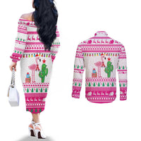 Pink Flamingo Christmas Couples Matching Off The Shoulder Long Sleeve Dress and Long Sleeve Button Shirt Xmas Holiday Patterns - Wonder Print Shop