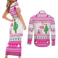 Pink Flamingo Christmas Couples Matching Short Sleeve Bodycon Dress and Long Sleeve Button Shirt Xmas Holiday Patterns - Wonder Print Shop