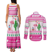 Pink Flamingo Christmas Couples Matching Tank Maxi Dress and Long Sleeve Button Shirt Xmas Holiday Patterns - Wonder Print Shop