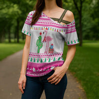 Pink Flamingo Christmas Cross Shoulder Shirt Xmas Holiday Patterns - Wonder Print Shop