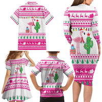 Pink Flamingo Christmas Family Matching Long Sleeve Bodycon Dress and Hawaiian Shirt Xmas Holiday Patterns - Wonder Print Shop