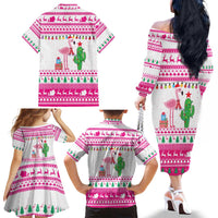 Pink Flamingo Christmas Family Matching Off The Shoulder Long Sleeve Dress and Hawaiian Shirt Xmas Holiday Patterns - Wonder Print Shop