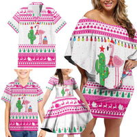 Pink Flamingo Christmas Family Matching Off Shoulder Short Dress and Hawaiian Shirt Xmas Holiday Patterns - Wonder Print Shop
