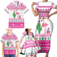 Pink Flamingo Christmas Family Matching Short Sleeve Bodycon Dress and Hawaiian Shirt Xmas Holiday Patterns - Wonder Print Shop