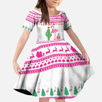 Pink Flamingo Christmas Kid Short Sleeve Dress Xmas Holiday Patterns - Wonder Print Shop