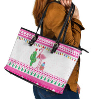 Pink Flamingo Christmas Leather Tote Bag Xmas Holiday Patterns - Wonder Print Shop
