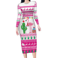 Pink Flamingo Christmas Long Sleeve Bodycon Dress Xmas Holiday Patterns - Wonder Print Shop