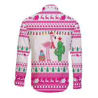 Pink Flamingo Christmas Long Sleeve Button Shirt Xmas Holiday Patterns - Wonder Print Shop