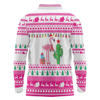 Pink Flamingo Christmas Long Sleeve Polo Shirt Xmas Holiday Patterns - Wonder Print Shop