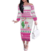 Pink Flamingo Christmas Off The Shoulder Long Sleeve Dress Xmas Holiday Patterns - Wonder Print Shop