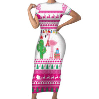 Pink Flamingo Christmas Short Sleeve Bodycon Dress Xmas Holiday Patterns - Wonder Print Shop