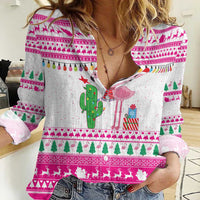 Pink Flamingo Christmas Women Casual Shirt Xmas Holiday Patterns - Wonder Print Shop