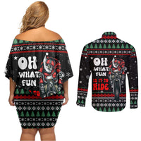 Santa And Motor Christmas Couples Matching Off Shoulder Short Dress and Long Sleeve Button Shirt Xmas Holiday Patterns - Wonder Print Shop