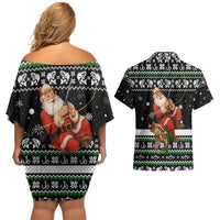 Santa Claus Fishing Christmas Couples Matching Off Shoulder Short Dress and Hawaiian Shirt Xmas Holiday Patterns - Wonder Print Shop