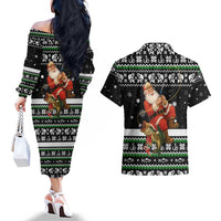 Santa Claus Fishing Christmas Couples Matching Off The Shoulder Long Sleeve Dress and Hawaiian Shirt Xmas Holiday Patterns - Wonder Print Shop