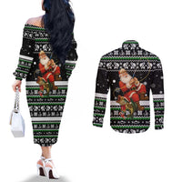 Santa Claus Fishing Christmas Couples Matching Off The Shoulder Long Sleeve Dress and Long Sleeve Button Shirt Xmas Holiday Patterns - Wonder Print Shop