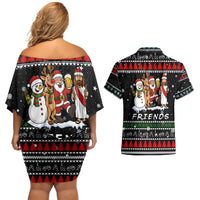 Santa Claus Jesus Friend of Christmas Couples Matching Off Shoulder Short Dress and Hawaiian Shirt Xmas Holiday Patterns - Wonder Print Shop