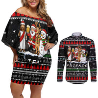 Santa Claus Jesus Friend of Christmas Couples Matching Off Shoulder Short Dress and Long Sleeve Button Shirt Xmas Holiday Patterns - Wonder Print Shop