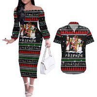 Santa Claus Jesus Friend of Christmas Couples Matching Off The Shoulder Long Sleeve Dress and Hawaiian Shirt Xmas Holiday Patterns - Wonder Print Shop