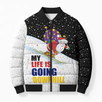 Santa Claus Ski My Life Is Going Downhill Christmas Bomber Puffer Jacket Xmas Holiday Patterns - Wonder Print Shop