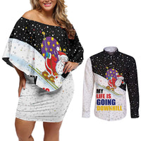 Santa Claus Ski My Life Is Going Downhill Christmas Couples Matching Off Shoulder Short Dress and Long Sleeve Button Shirt Xmas Holiday Patterns - Wonder Print Shop