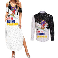 Santa Claus Ski My Life Is Going Downhill Christmas Couples Matching Summer Maxi Dress and Long Sleeve Button Shirt Xmas Holiday Patterns - Wonder Print Shop