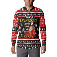 Funny Santa Button Sweatshirt with Cats for Everybody Quote and Red Christmas Pattern - Wonder Print Shop