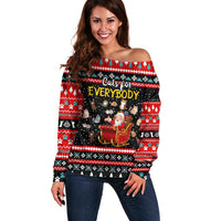 Funny Santa Off Shoulder Sweater with Cats for Everybody Quote and Red Christmas Pattern - Wonder Print Shop