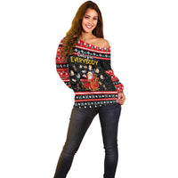 Funny Santa Off Shoulder Sweater with Cats for Everybody Quote and Red Christmas Pattern - Wonder Print Shop