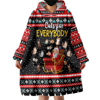 Funny Santa Wearable Blanket Hoodie with Cats for Everybody Quote and Red Christmas Pattern - Wonder Print Shop