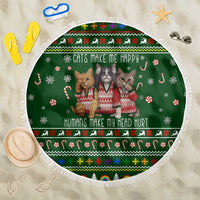 Funny Cats Make Me Happy Humans Make My Head Hurt Quote Beach Blanket with Green Christmas Pattern - Wonder Print Shop