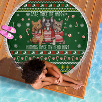Funny Cats Make Me Happy Humans Make My Head Hurt Quote Beach Blanket with Green Christmas Pattern - Wonder Print Shop
