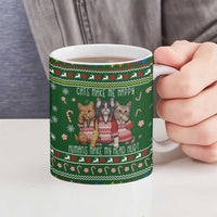 Funny Cats Make Me Happy Humans Make My Head Hurt Quote Ceramic Mug with Green Christmas Pattern - Wonder Print Shop