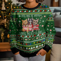 Funny Cats Make Me Happy Humans Make My Head Hurt Quote Kid Ugly Christmas Sweater with Green Christmas Pattern - Wonder Print Shop