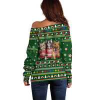 Funny Cats Make Me Happy Humans Make My Head Hurt Quote Off Shoulder Sweater with Green Christmas Pattern - Wonder Print Shop