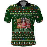 Funny Cats Make Me Happy Humans Make My Head Hurt Quote Polo Shirt with Green Christmas Pattern - Wonder Print Shop