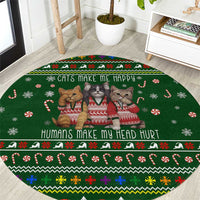 Funny Cats Make Me Happy Humans Make My Head Hurt Quote Round Carpet with Green Christmas Pattern - Wonder Print Shop