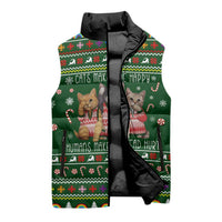 Funny Cats Make Me Happy Humans Make My Head Hurt Quote Sleeveless Puffer Jacket with Green Christmas Pattern - Wonder Print Shop